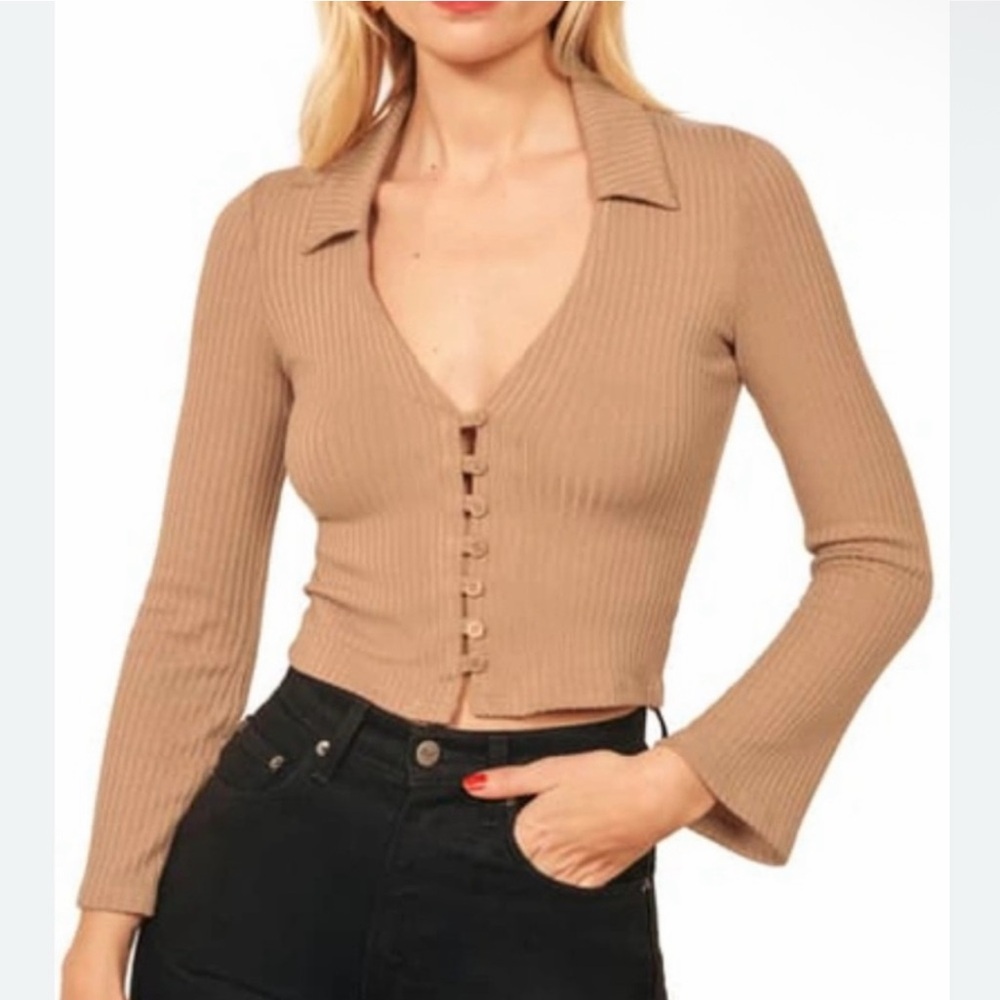 Reformation Taupe Beige Collared Ribbed‎ Button Down Cardigan Top